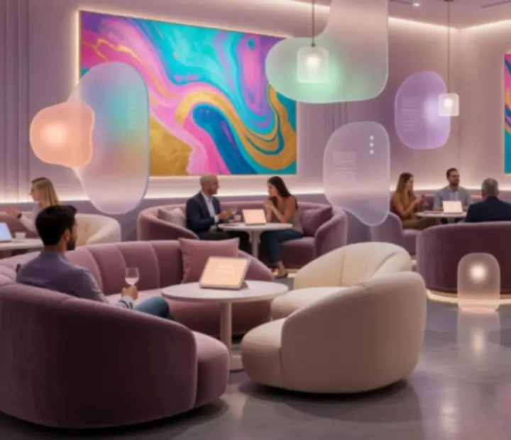 Playful after-dark restaurant interior with pastel lighting, lounge seating and artwork
