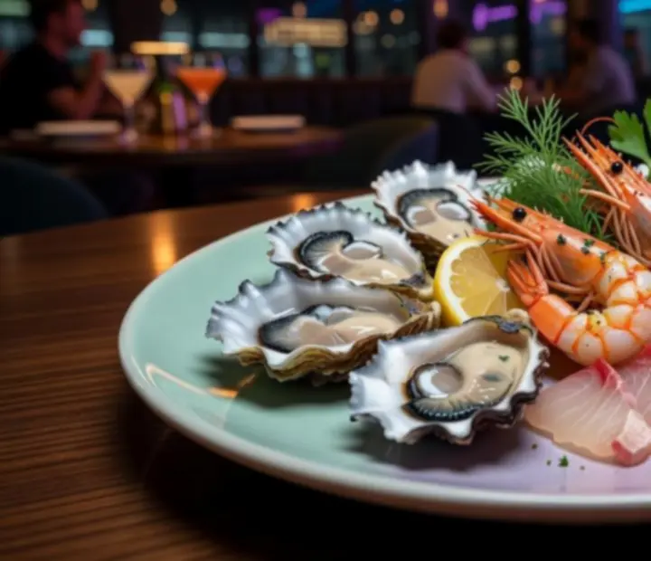 Australian seafood platter with prawns, oysters and garnishes