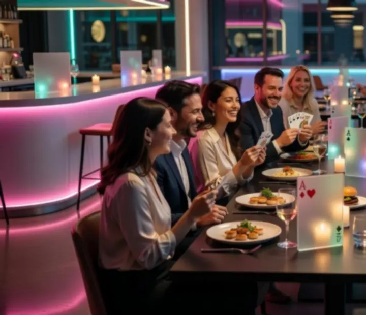 Corporate team enjoying dinner and friendly offline poker at Late Call Kitchen