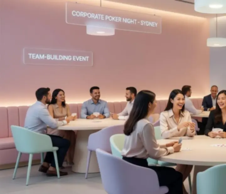 Corporate team sharing food and cards during a social poker night