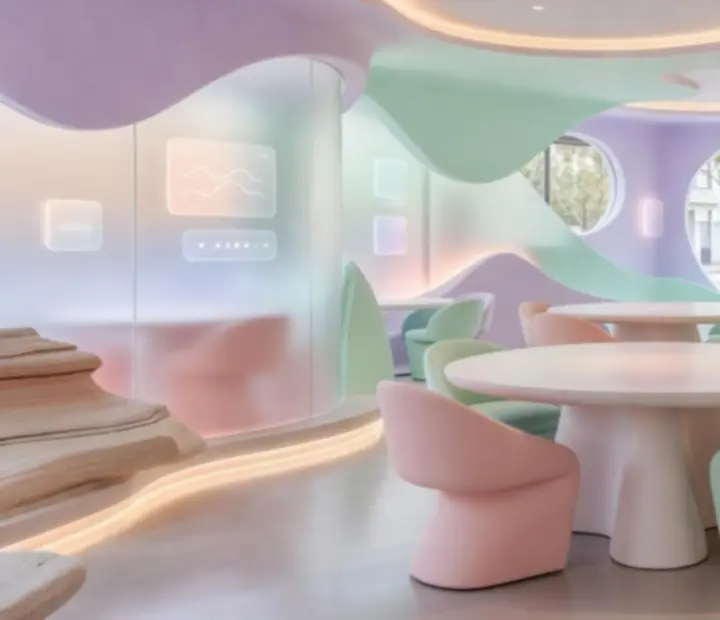 Glassmorphism-inspired dining area with pastel lighting, rounded furniture, and social tables.