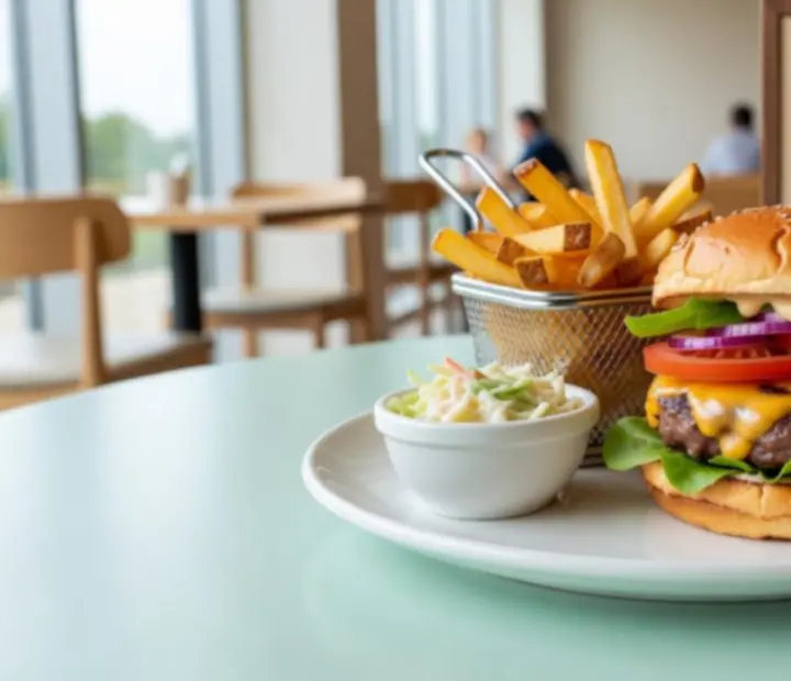 Gourmet burger on a plate with fries and garnish