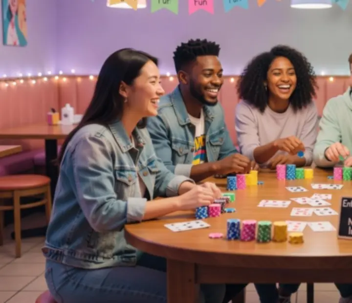 Group of friends around a poker table at Late Call Kitchen laughing and enjoying drinks