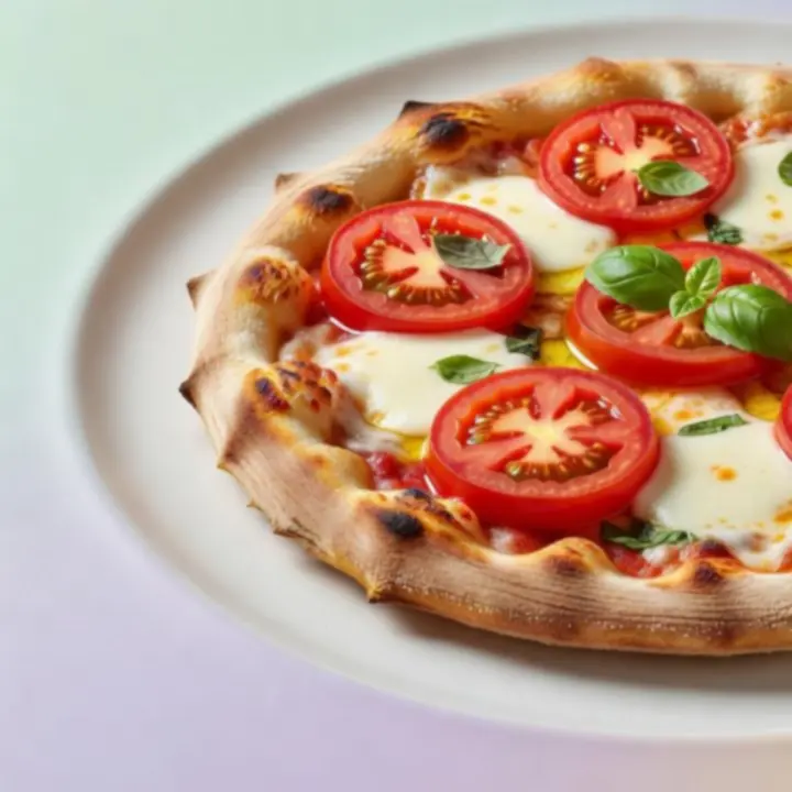 Close-up of handmade pizza with bubbly crust and colourful toppings