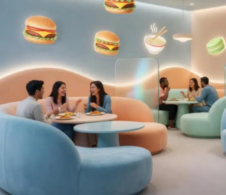 Pastel-toned interior of Late Call Kitchen with rounded booths and soft lighting