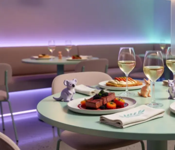 Modern Australian restaurant table at night with signature dishes and ambient lighting