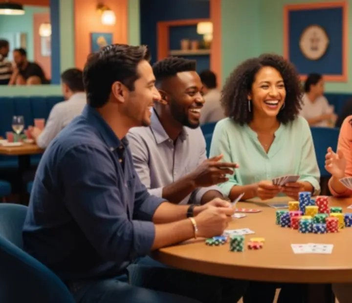Friends enjoying an offline poker table in a relaxed, colourful restaurant setting