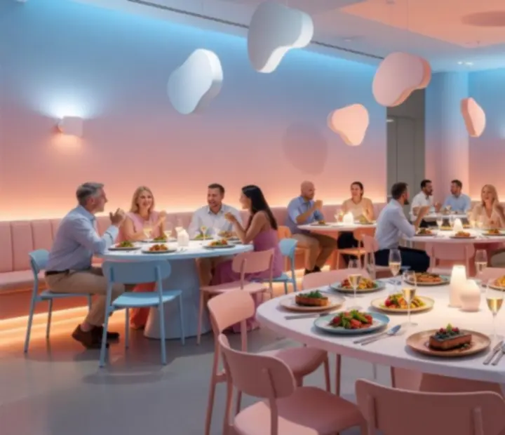 Colourful late-night dining room set up for a private event at Late Call Kitchen