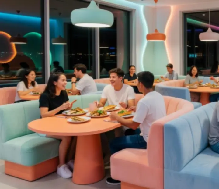 Late Call Kitchen restaurant interior in the evening with colourful ambient lighting and guests dining.